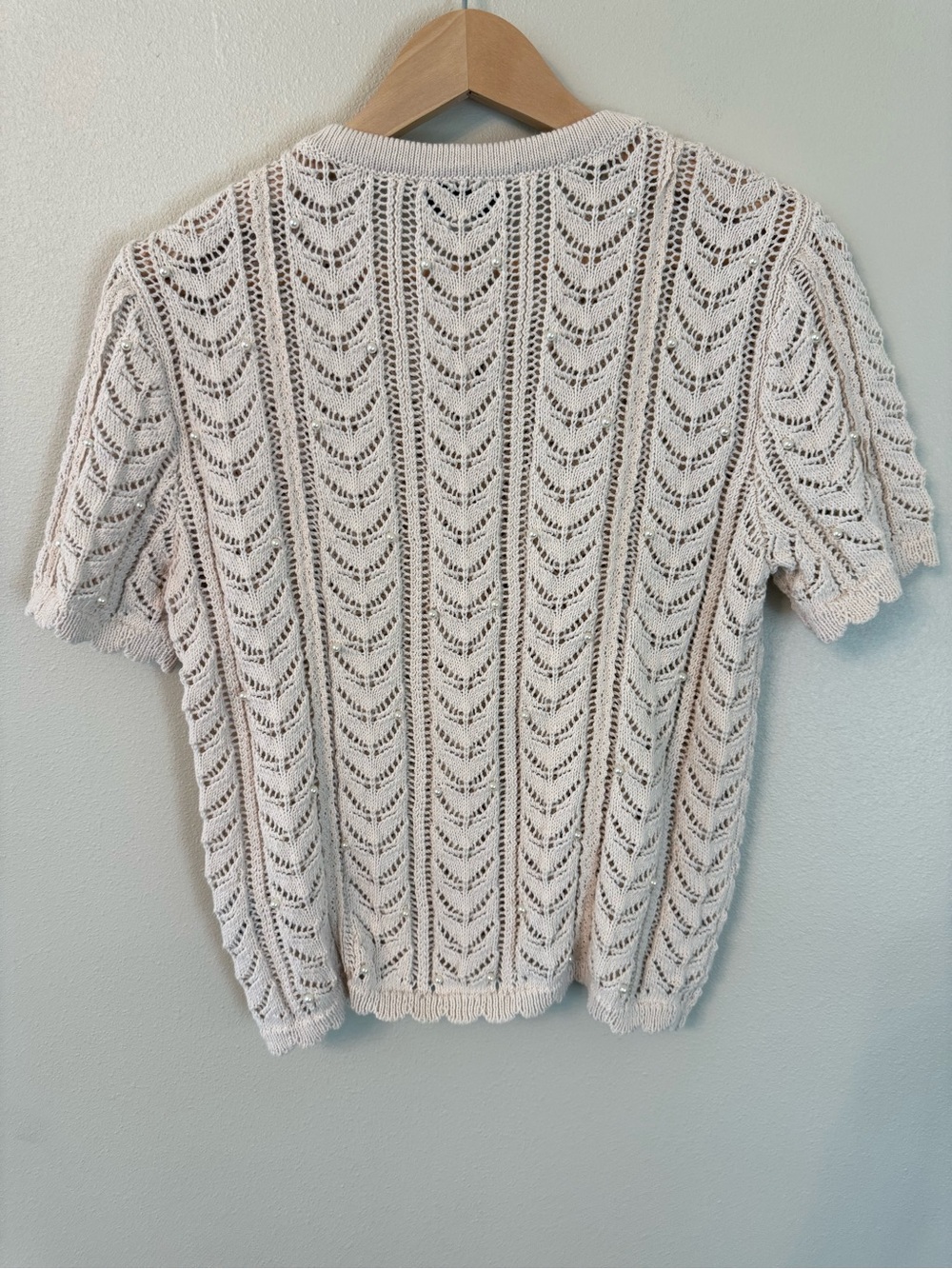 Jason Wu Pearl Pointelle Lace Cardigan Sweater Beige Scallop Short Sleeve M - Picture 6 of 9